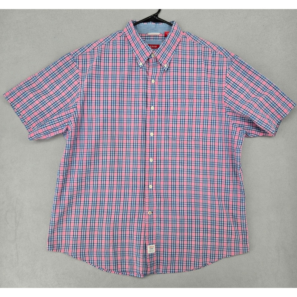 IZOD Mens XL Saltwater Short Sleeve Button Down Shirt Pink Blue Plaid Coastal